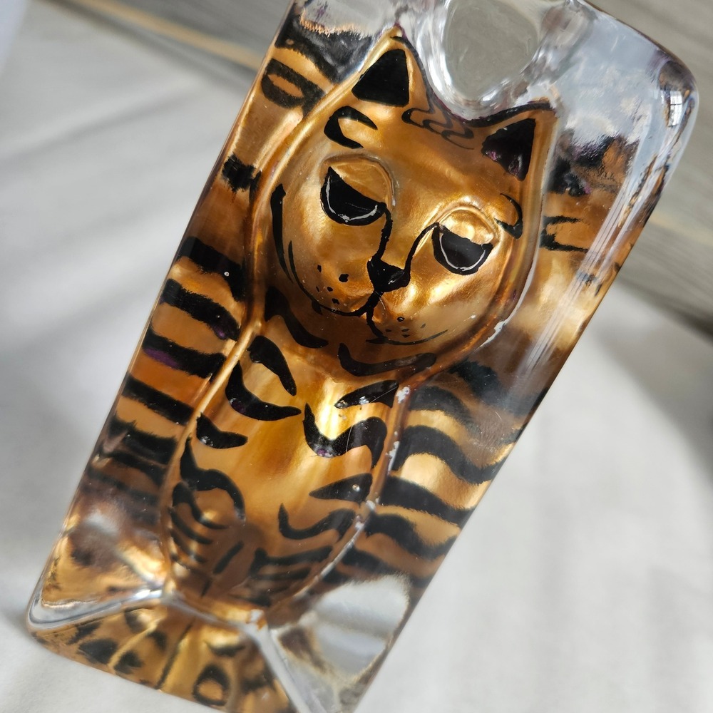 Vintage Kriff Design Gold Black Tabby Cat Art Glass Paperweight Triangular Glass